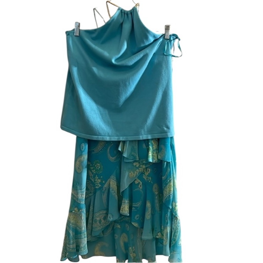 Chaps by Ralph lauren LG -XL 2 piece aqua skirt set knit halter top floral skirt